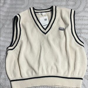 OAK + FORT Cream V-Neck Sweater Vest with Black Trim